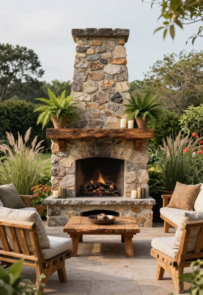 10 Best Outdoor Fireplace Surround Ideas for Cozy Patios 1 10 Best Outdoor Fireplace Surround Ideas for Cozy Patios 1. Stone and Timber Elegance 0