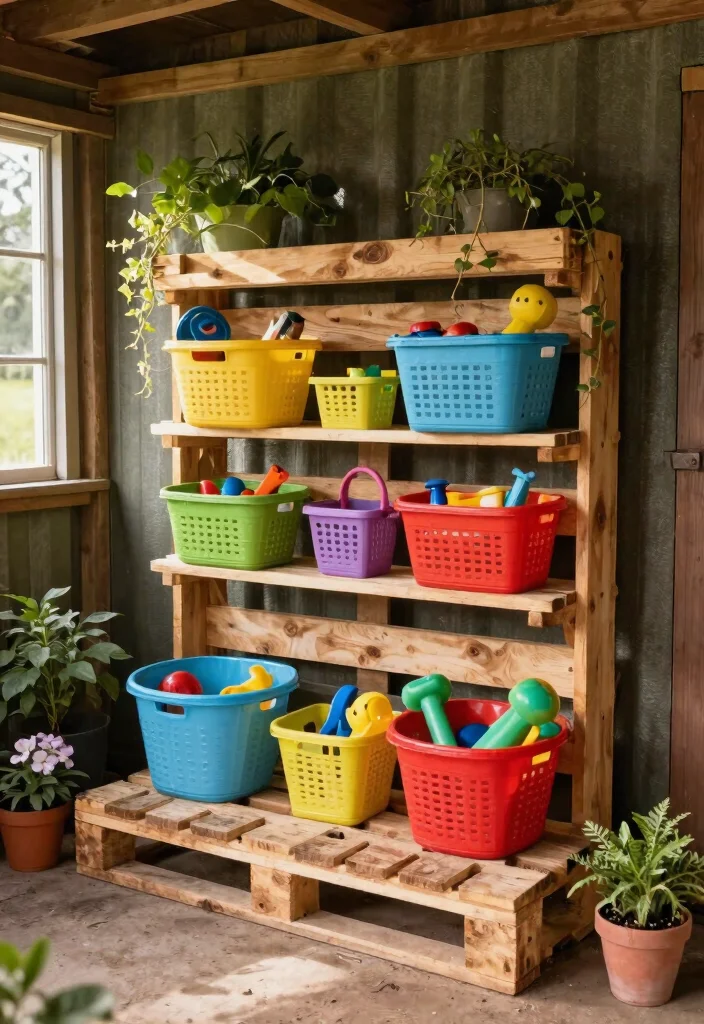 10 Practical Shed Toy Storage Ideas for Families 1. Upcycled Pallet Toy Storage 0