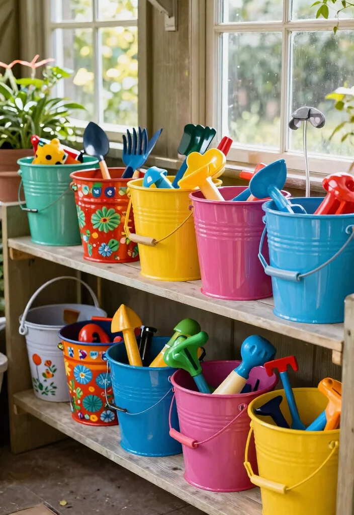 10 Practical Shed Toy Storage Ideas for Families 4. Recycled Bucket Storage 0