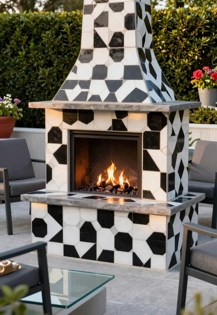 10 Stunning Outdoor Fireplace Tile Ideas (Modern Look) 1 10 Stunning Outdoor Fireplace Tile Ideas Modern Look 1. Geometric Chic Tiles 0