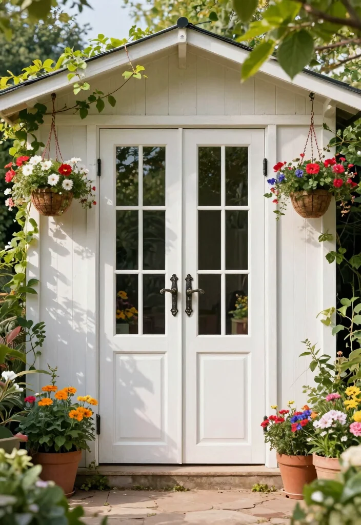 10 Stylish Storage Shed Entrance Ideas to Upgrade Your Build 2. Vintage French Double Doors 0