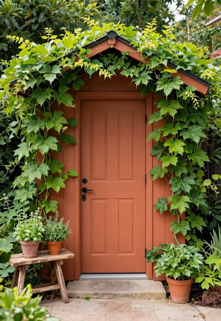 10 Stylish Storage Shed Entrance Ideas to Upgrade Your Build 6. Greenery Covered Entrance 0