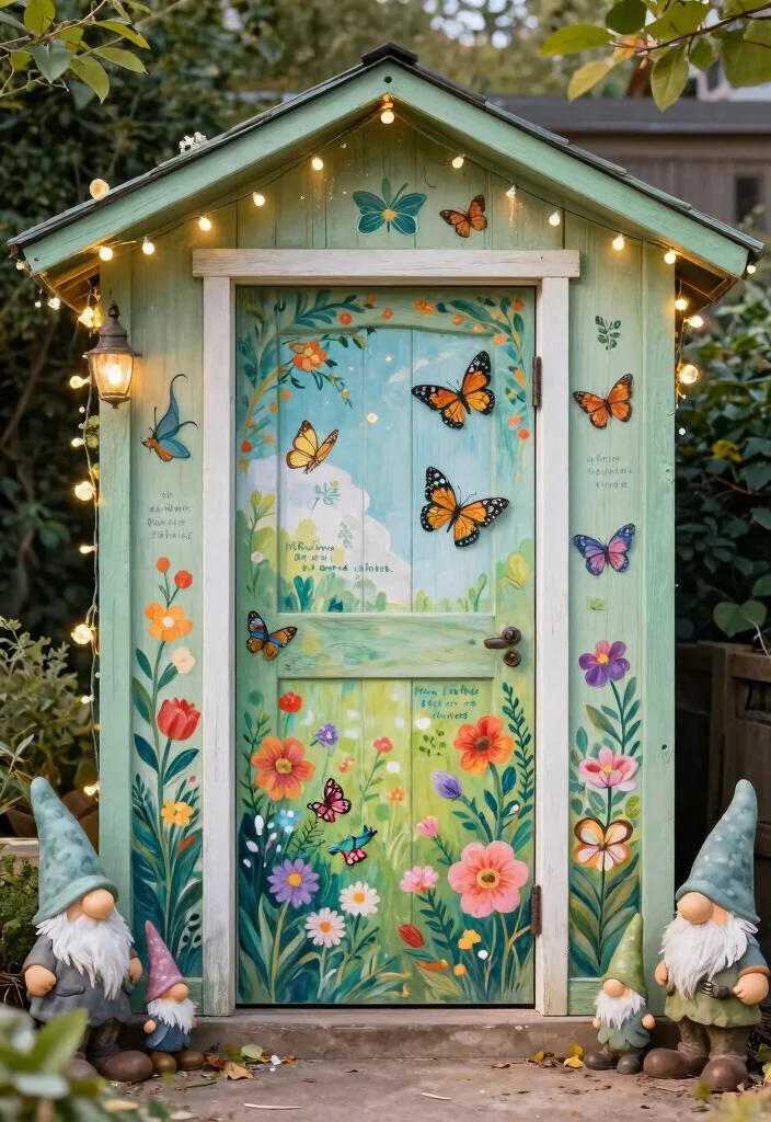 10 Stylish Storage Shed Entrance Ideas to Upgrade Your Build 8. Whimsical Garden themed Door 0