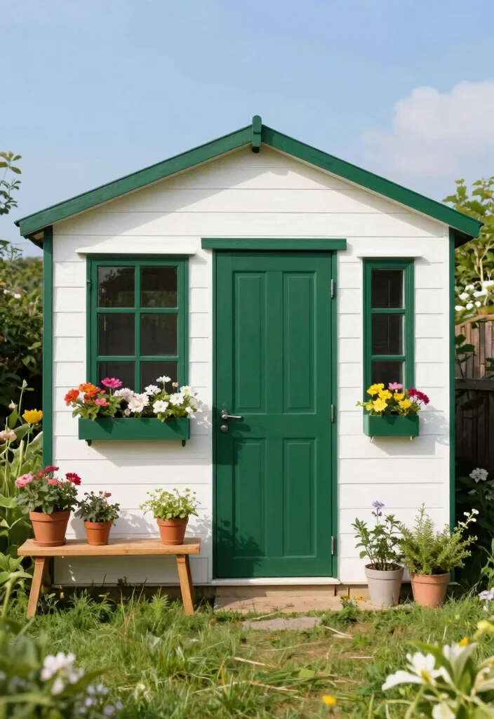 11 Best Storage Shed Paint Ideas to Match Your Home 1. Classic White with Green Accents 0