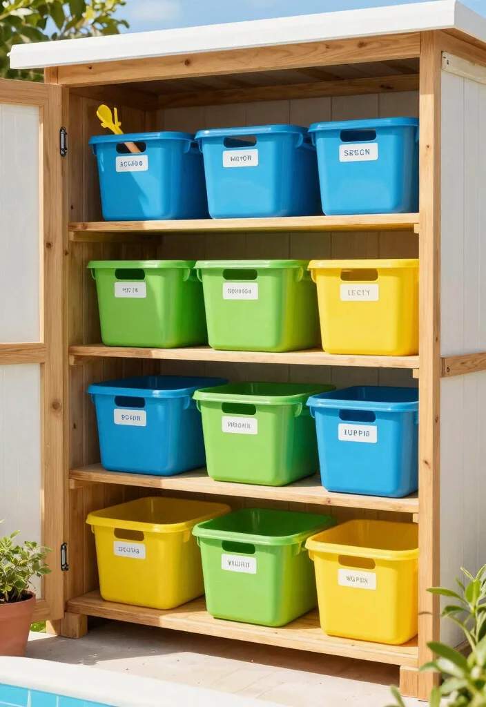 11 Brilliant Pool Shed Organization Ideas for Summer Gear 2. Color Coded Storage Bins 0