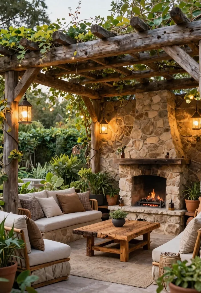 11 Dreamy Outdoor Fireplace Pergola Backyard Ideas 1. Rustic Charm with Reclaimed Wood 0