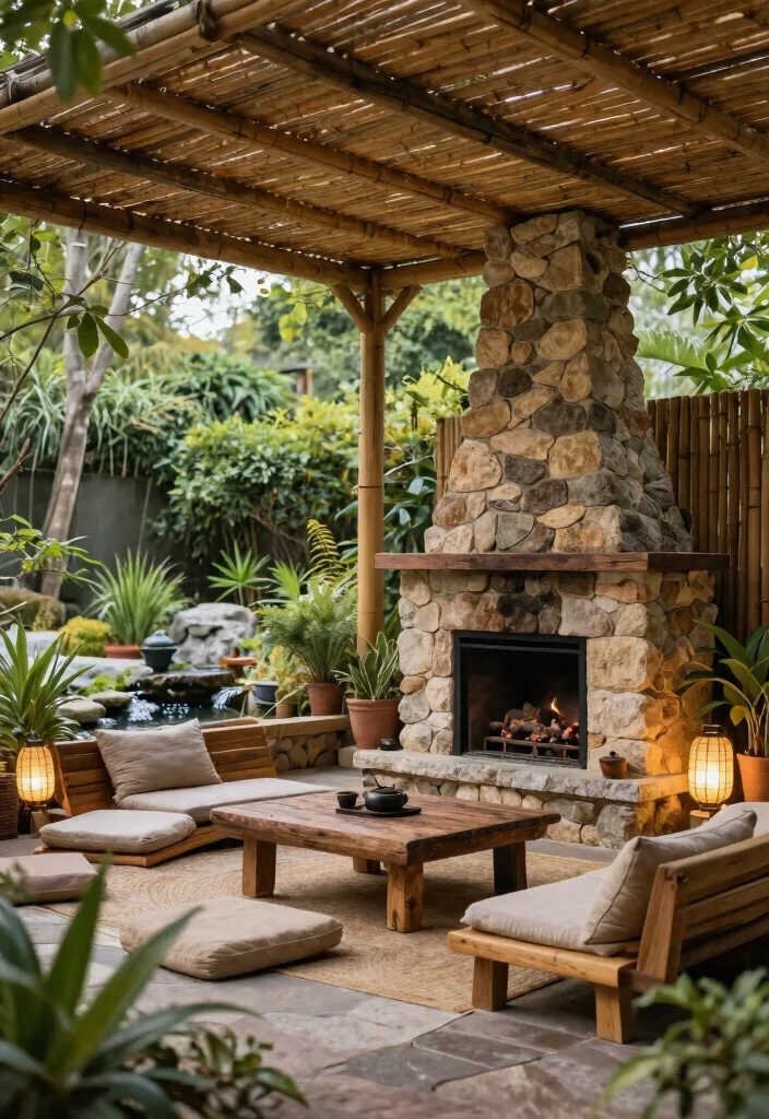 11 Dreamy Outdoor Fireplace Pergola Backyard Ideas 4. Nature Inspired Zen Space 0