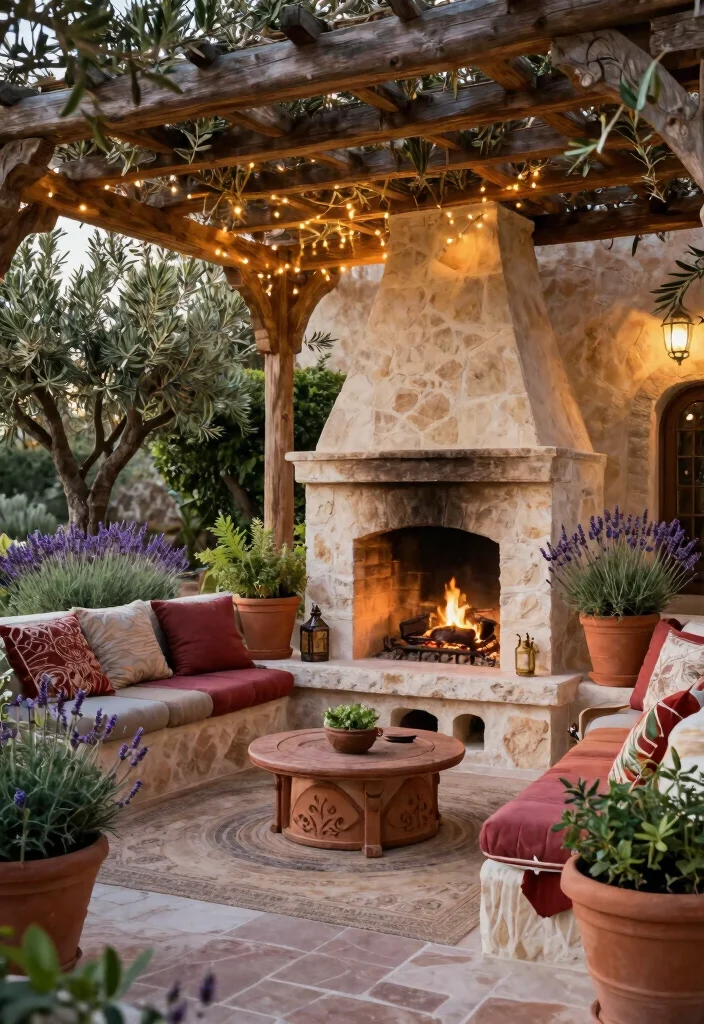 11 Dreamy Outdoor Fireplace Pergola Backyard Ideas 6. Mediterranean Elegance 0