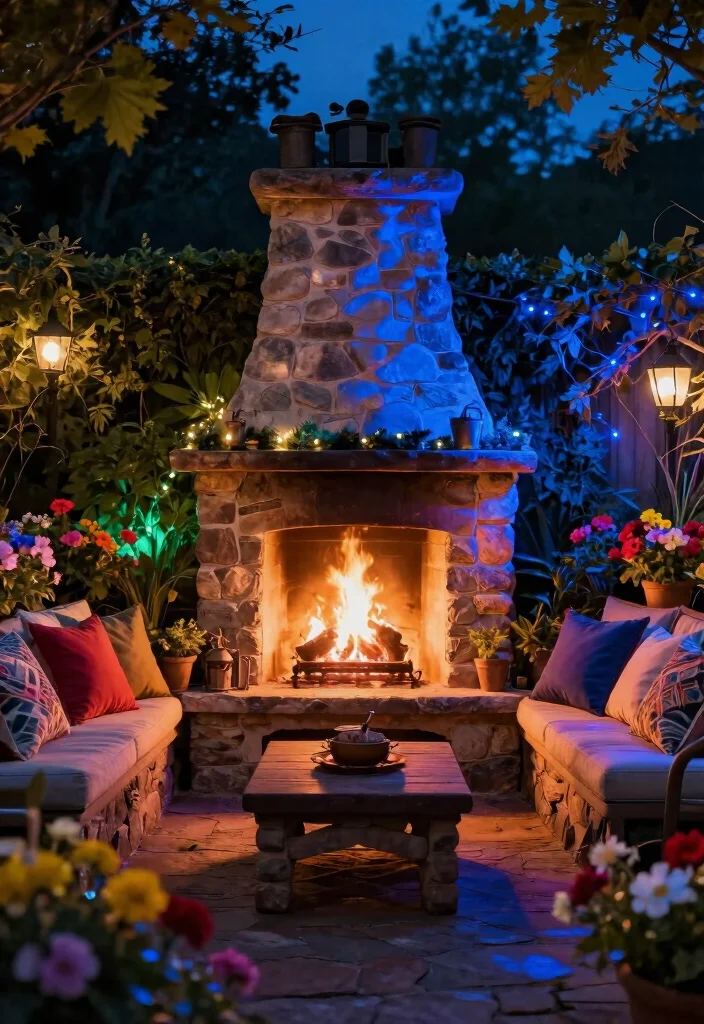11 Magical Outdoor Fireplace Lighting Ideas for a Cozy Garden Ambiance 10. Mood Enhancing Color Lights 0