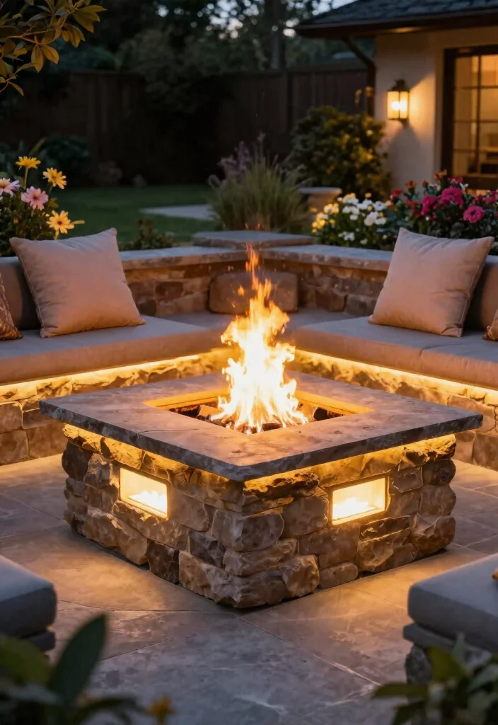 11 Magical Outdoor Fireplace Lighting Ideas for a Cozy Garden Ambiance 11. Fire Pit with Built In Lighting 0