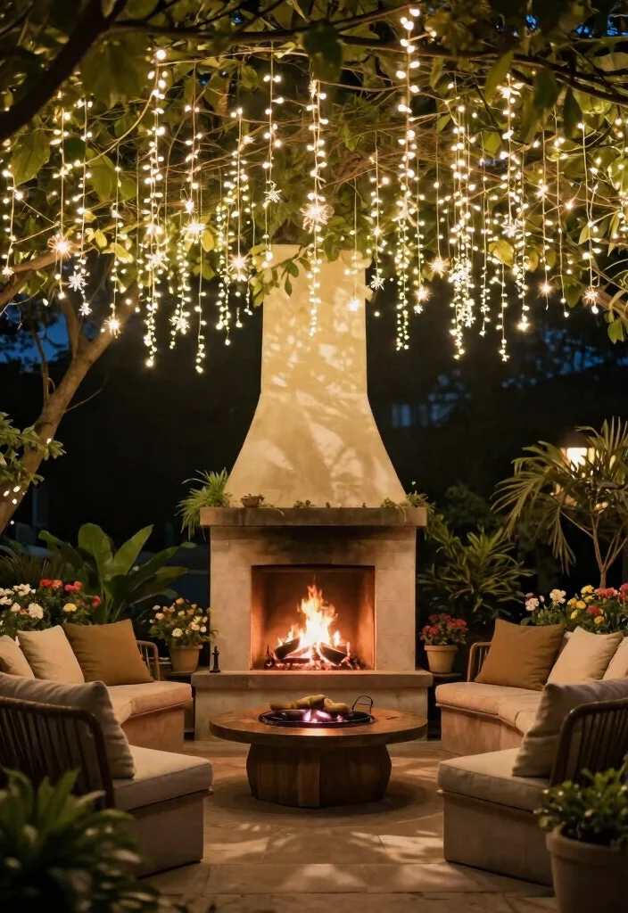11 Magical Outdoor Fireplace Lighting Ideas for a Cozy Garden Ambiance 8. Hanging Lights for a Dramatic Effect 0