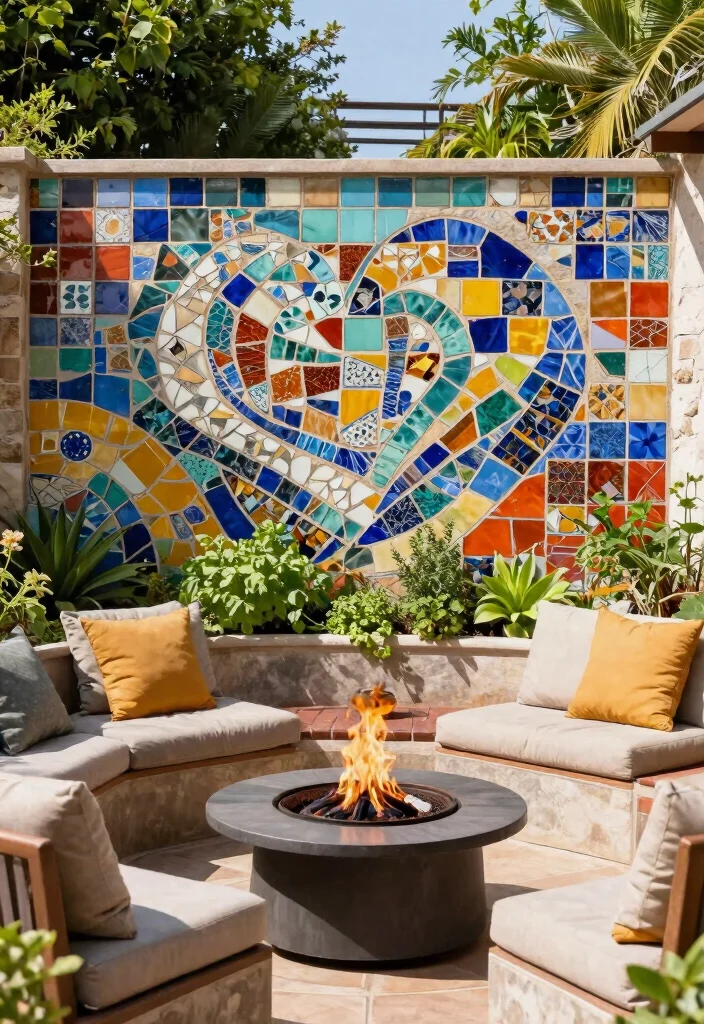 11 Outdoor Patio Concepts with Fireplace Retaining Walls 7. Colorful Mosaic Walls 0