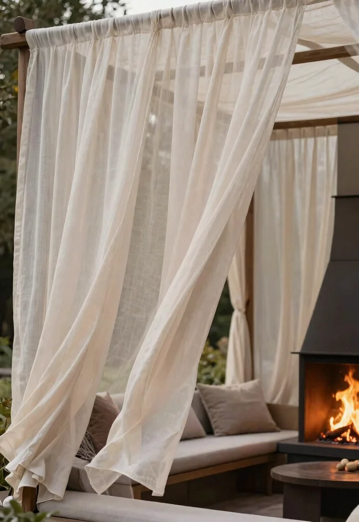 11 Stylish Outdoor Fireplace Door Ideas (Safe & Chic) 10 11 Stylish Outdoor Fireplace Door Ideas Safe Chic 10. Layered Fabric Curtains 0