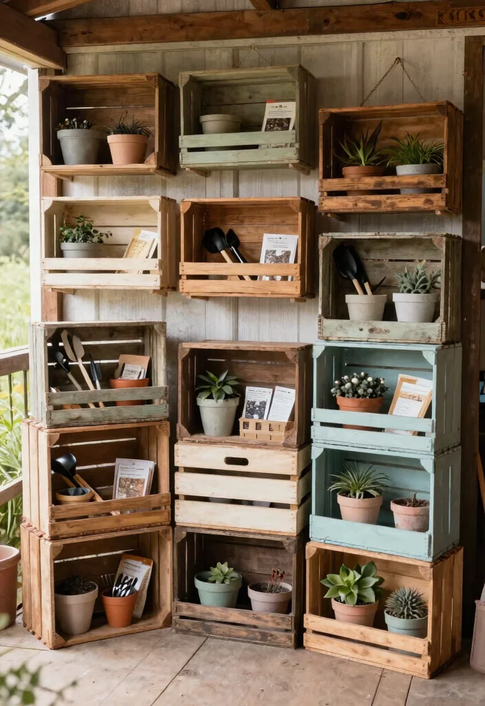 13 Aesthetic She Shed Storage Ideas for Small Urban Gardens 1. Vintage Crate Organization 0