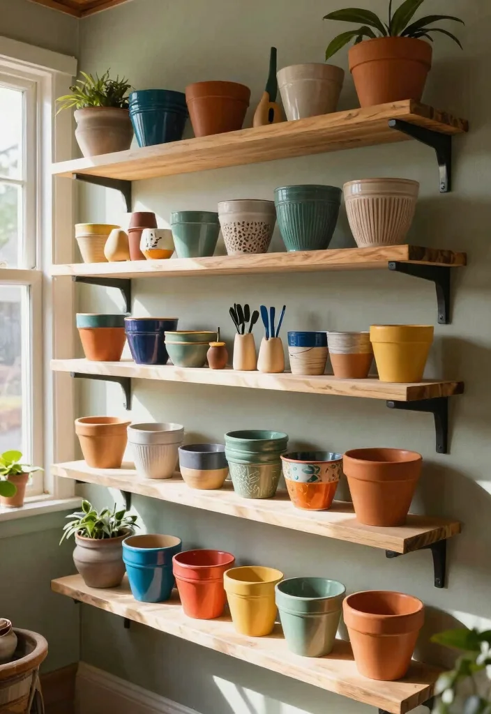 13 Aesthetic She Shed Storage Ideas for Small Urban Gardens 11. Artistic Display Shelves 0