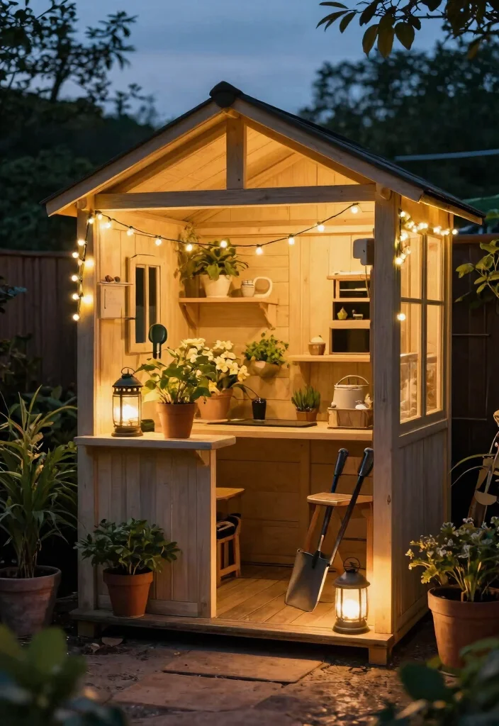 13 Aesthetic She Shed Storage Ideas for Small Urban Gardens 13. Mood Enhancing Lighting 0
