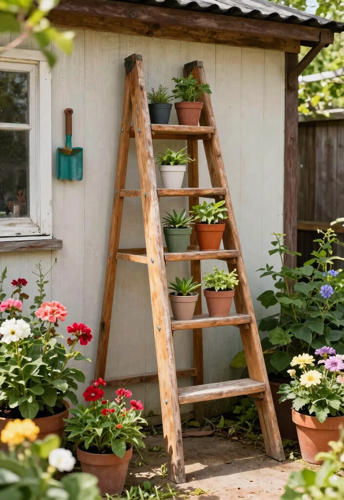 13 Aesthetic She Shed Storage Ideas for Small Urban Gardens 7. Rustic Ladder Storage 0