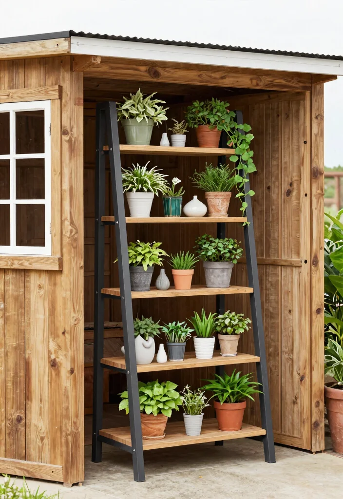 13 Best Lean To Shed Storage Ideas for Tight Spaces 17 13 Best Lean To Shed Storage Ideas for Tight Spaces 7. Ladder Shelving Units 0