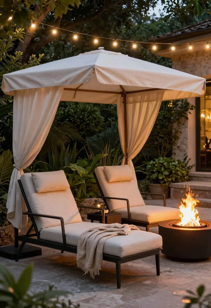 13 Cozy Outdoor Fireplace Seating Ideas for Gatherings 10. Lounge Chairs with Canopies 0