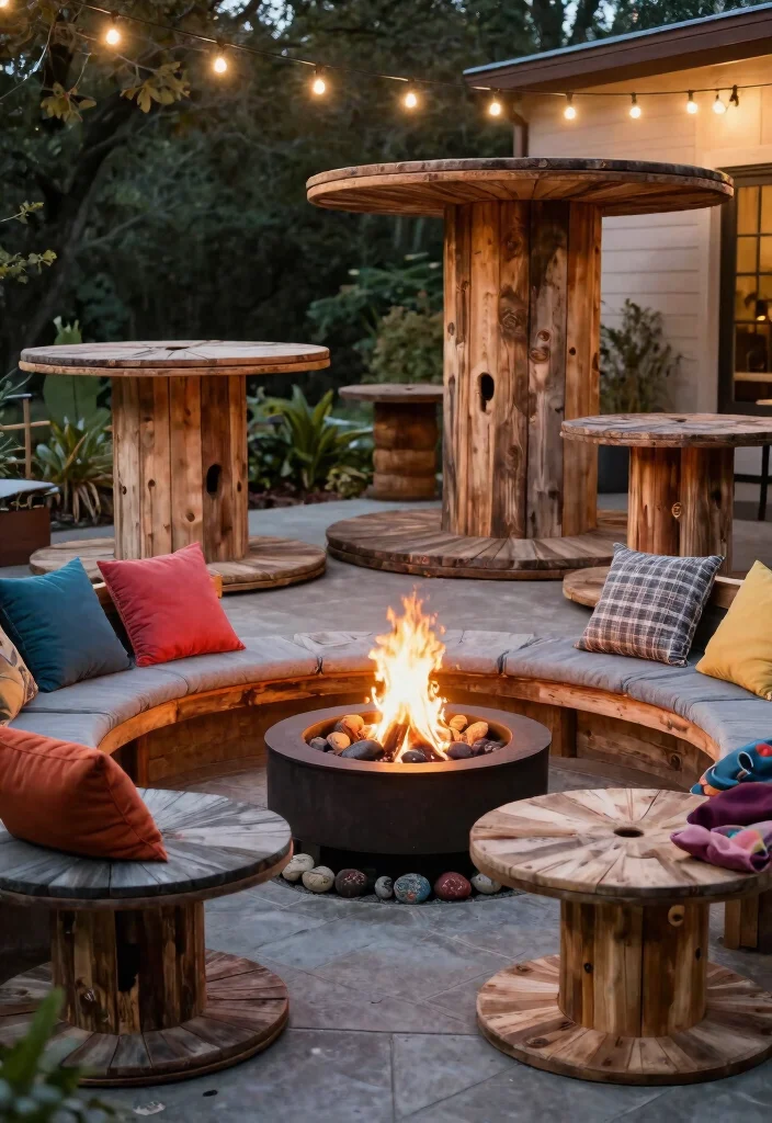 13 Cozy Outdoor Fireplace Seating Ideas for Gatherings 8. Reclaimed Wood Spools 0