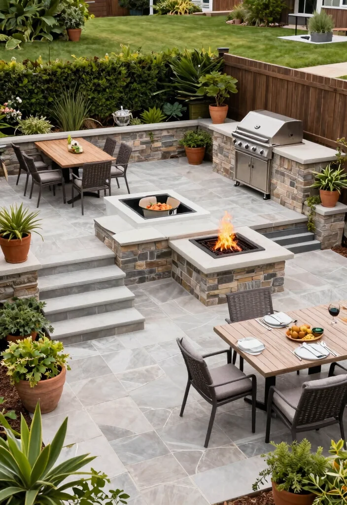 13 Epic Outdoor Grill and Fireplace Ideas for Backyard Entertaining 10. Multi Level Patio with Integrated Fire and Grill 0
