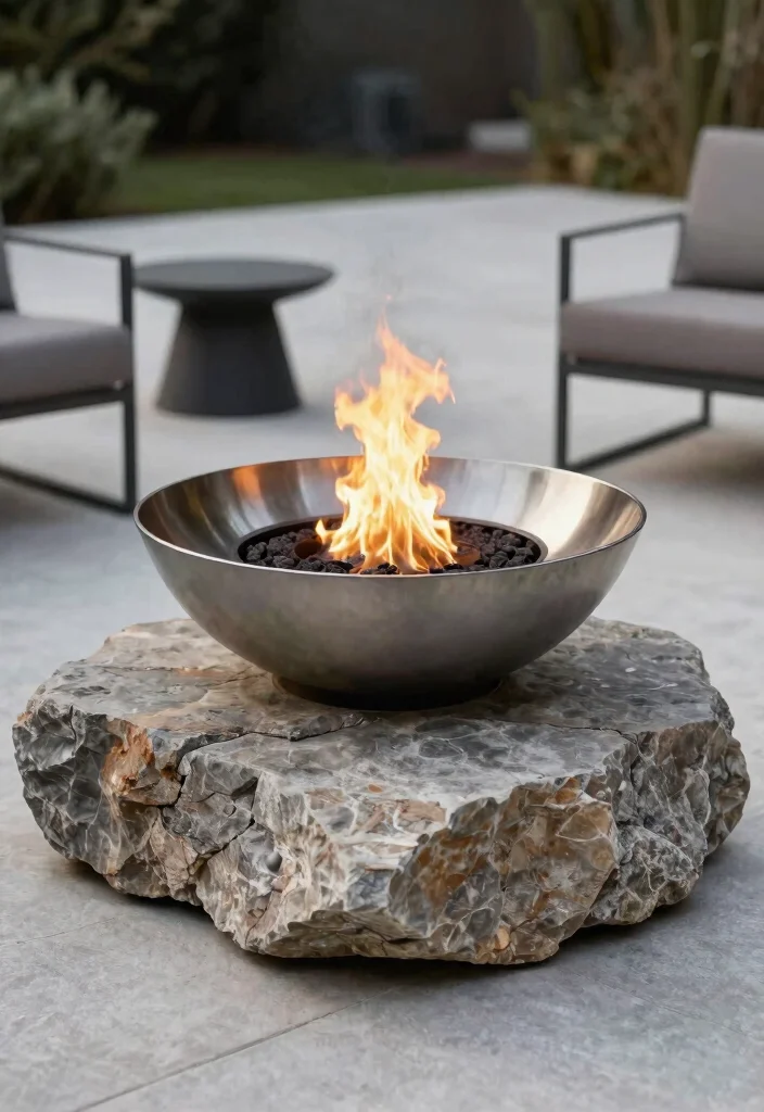 13 Gorgeous Outdoor Rock Fireplace Ideas Natural Look 10. Modern Fire Bowl and Rock Base 0