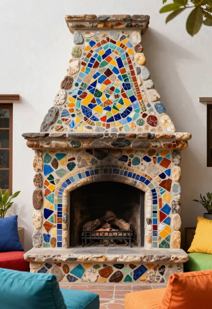 13 Gorgeous Outdoor Rock Fireplace Ideas Natural Look 11. Artistic Stone Fireplace with Mosaic Details 0