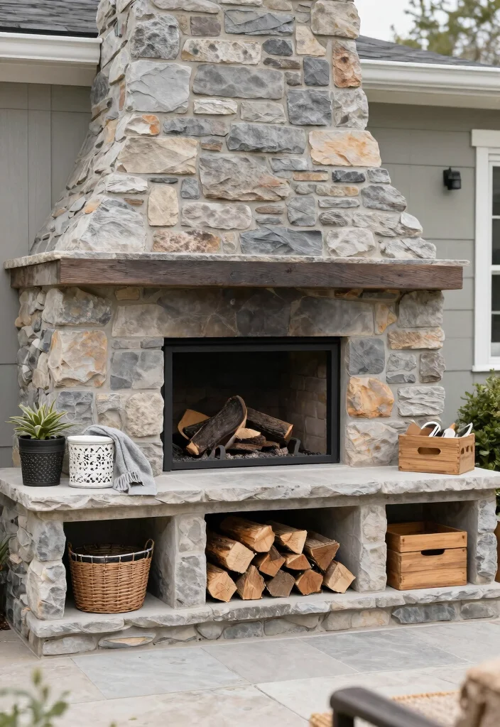 13 Gorgeous Outdoor Rock Fireplace Ideas Natural Look 12. Stone Hearth with Built in Storage 0