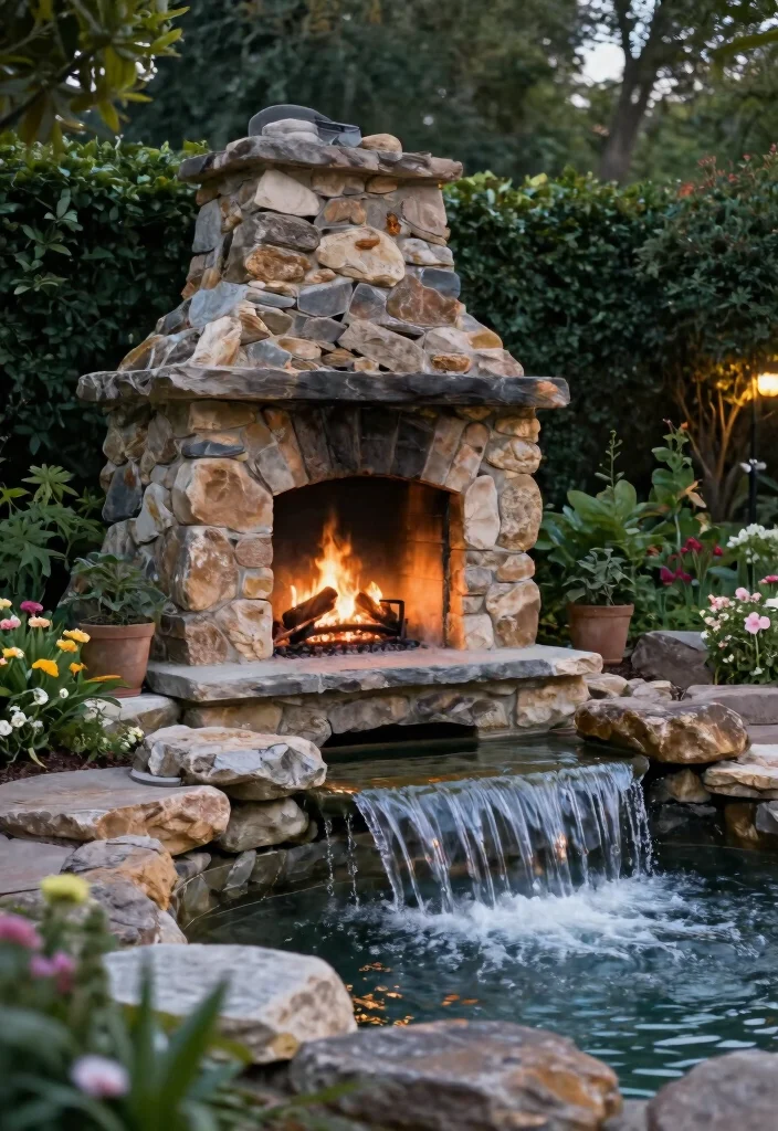 13 Gorgeous Outdoor Rock Fireplace Ideas Natural Look 6. Waterfall Feature with Rock Fireplace 0