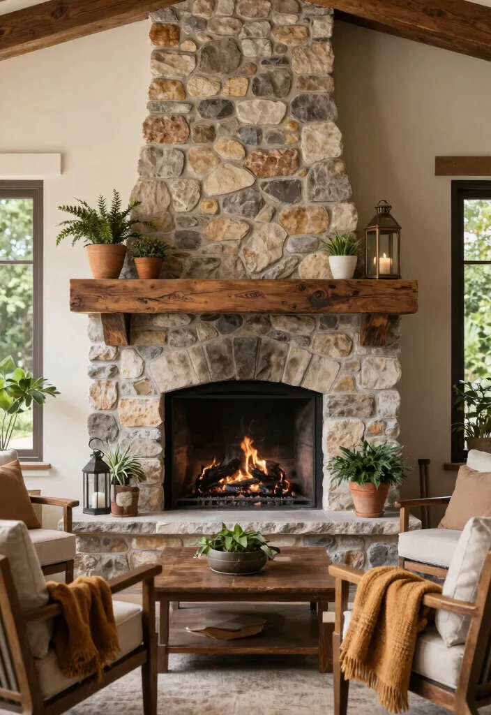 13 Gorgeous Outdoor Rock Fireplace Ideas Natural Look 7. Stone Fireplace with Rustic Wood Mantel 0