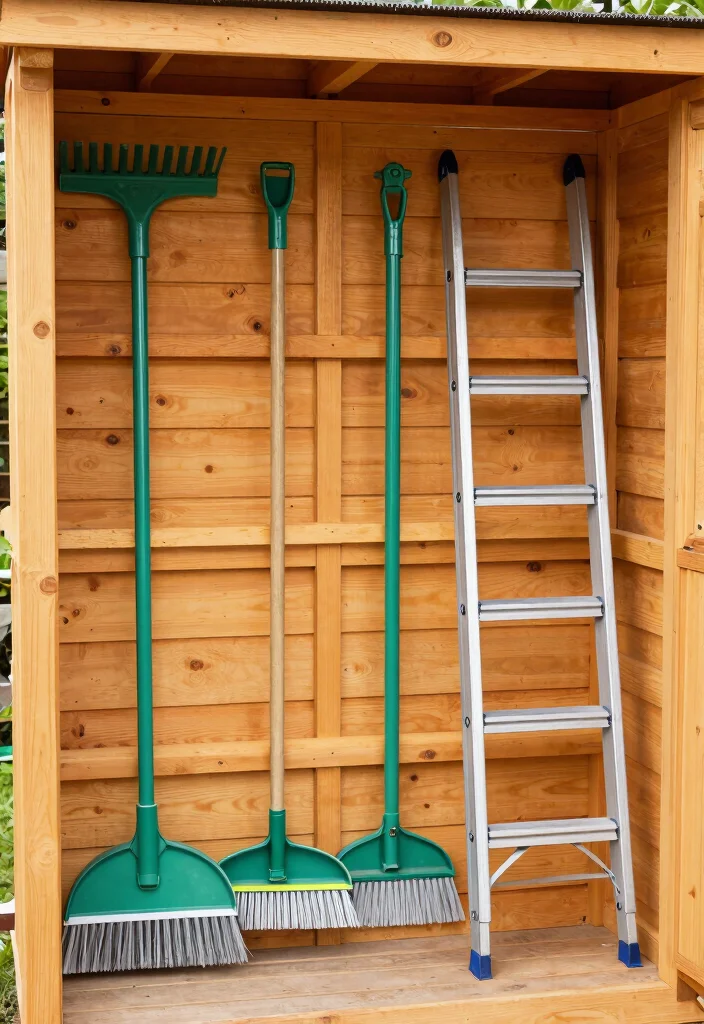 13 Heavy Duty Storage Shed Shelve Ideas DIY Guide 12. Ladder Storage Rack 0