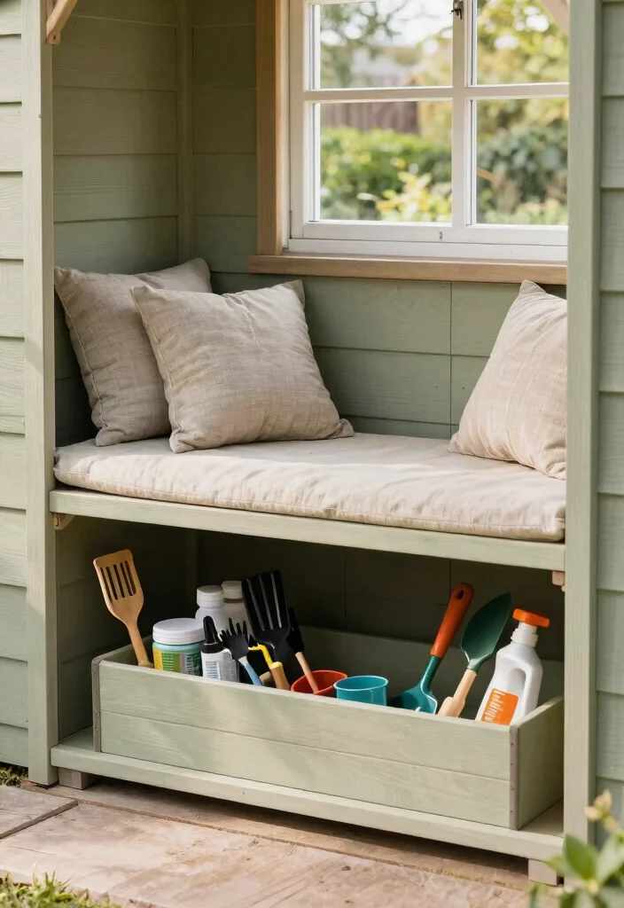 13 Heavy Duty Storage Shed Shelve Ideas DIY Guide 9. Built in Bench with Storage 0