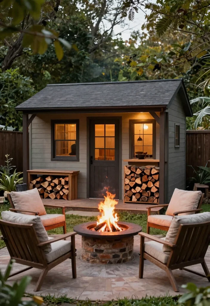 15 Beautiful Backyard Storage Shed Concepts for Your Yard 13. Shed with a Fire Pit Area 0