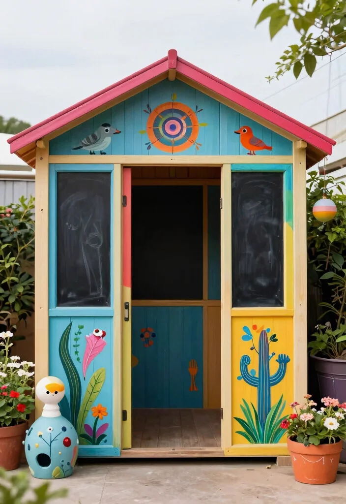 15 Beautiful Backyard Storage Shed Concepts for Your Yard 4. Playful Shed with Outdoor Art 0
