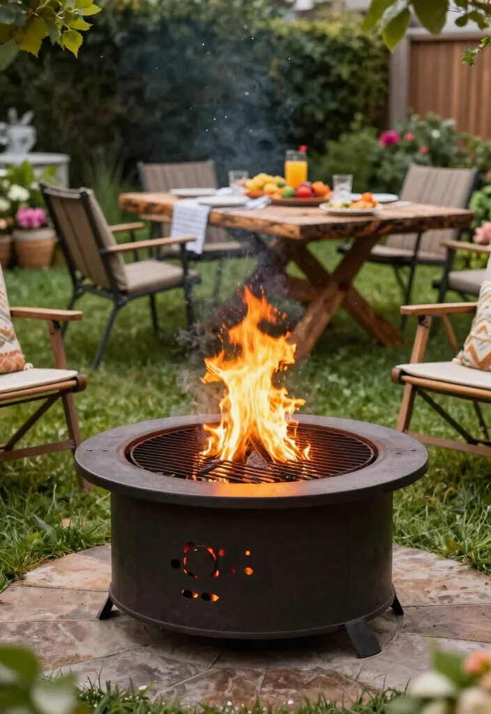 15 Contemporary Outdoor Fireplace Designs for Eco Friendly Gardens Cozy Vibe 10. Freestanding Fire Pit with Grilling Features 0