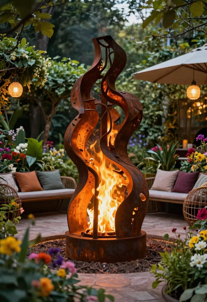 15 Contemporary Outdoor Fireplace Designs for Eco Friendly Gardens Cozy Vibe 11. Artistic Fire Sculpture 0