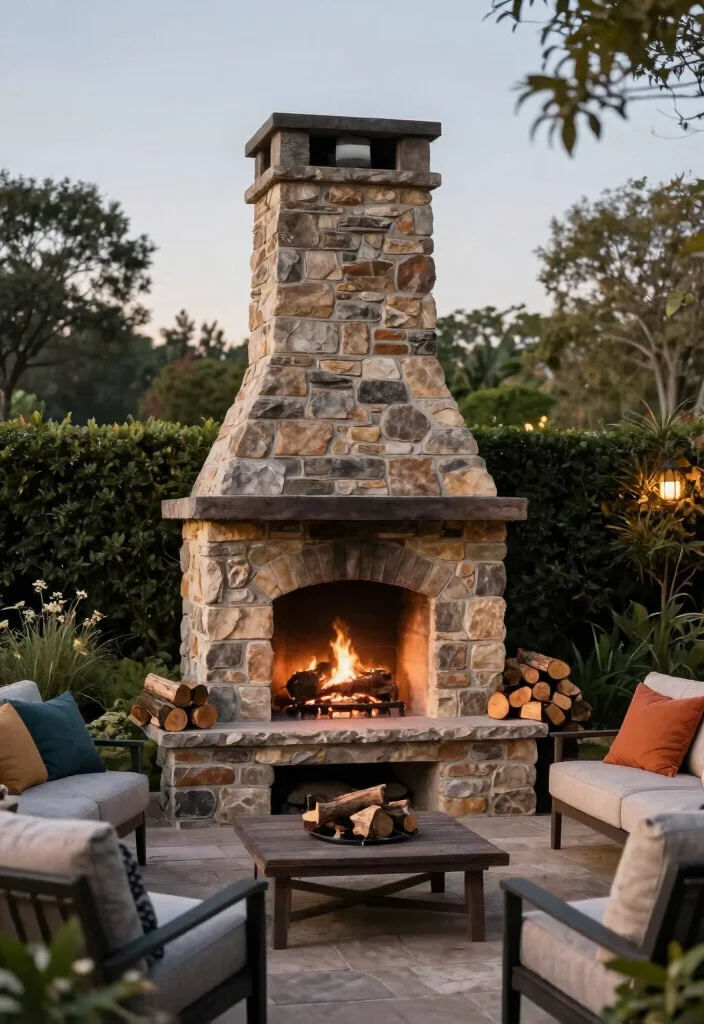 15 Contemporary Outdoor Fireplace Designs for Eco Friendly Gardens Cozy Vibe 9. Stone Outdoor Fireplace with Chimney 0