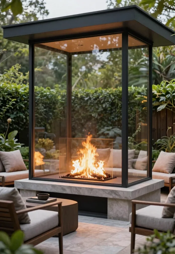 15 Cozy Covered Outdoor Fireplace Ideas for Winter 10. Enclosed Outdoor Fireplace with Glass Walls 0