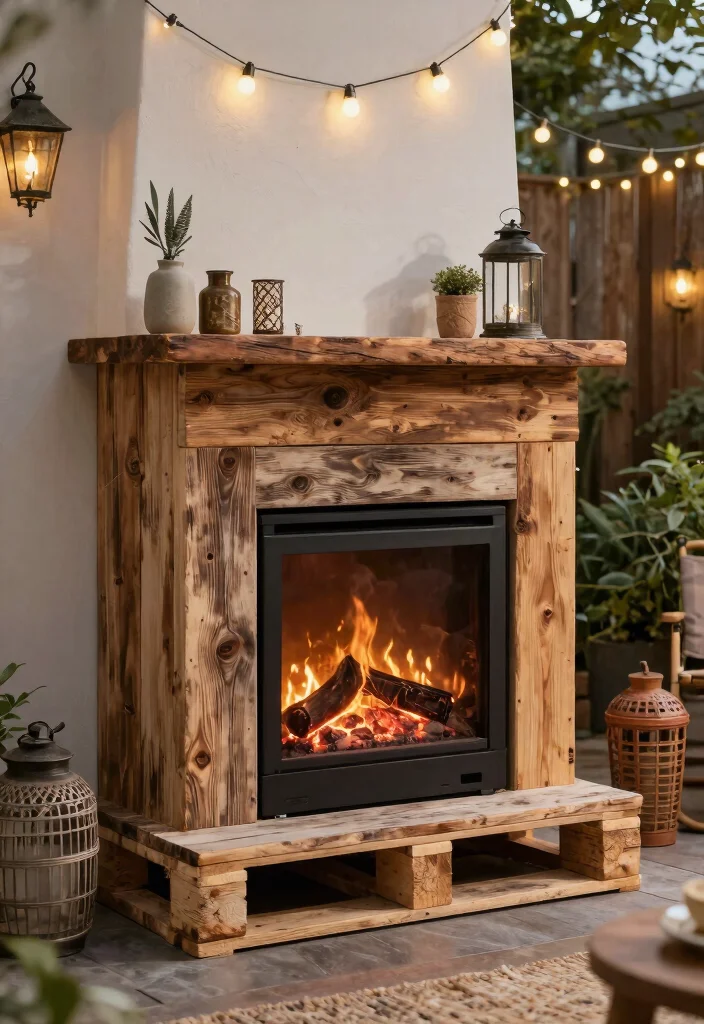 15 Cozy Covered Outdoor Fireplace Ideas for Winter 13. Stylish Pallet Fireplace with Upcycled Materials 0