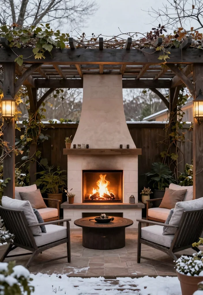 15 Cozy Covered Outdoor Fireplace Ideas for Winter 15. Cozy Outdoor Fireplace with Overhead Pergola 0