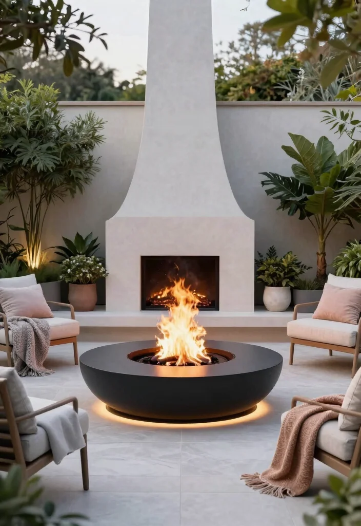 15 Cozy Covered Outdoor Fireplace Ideas for Winter 2. Modern Circular Fireplace with Sleek Lines 0