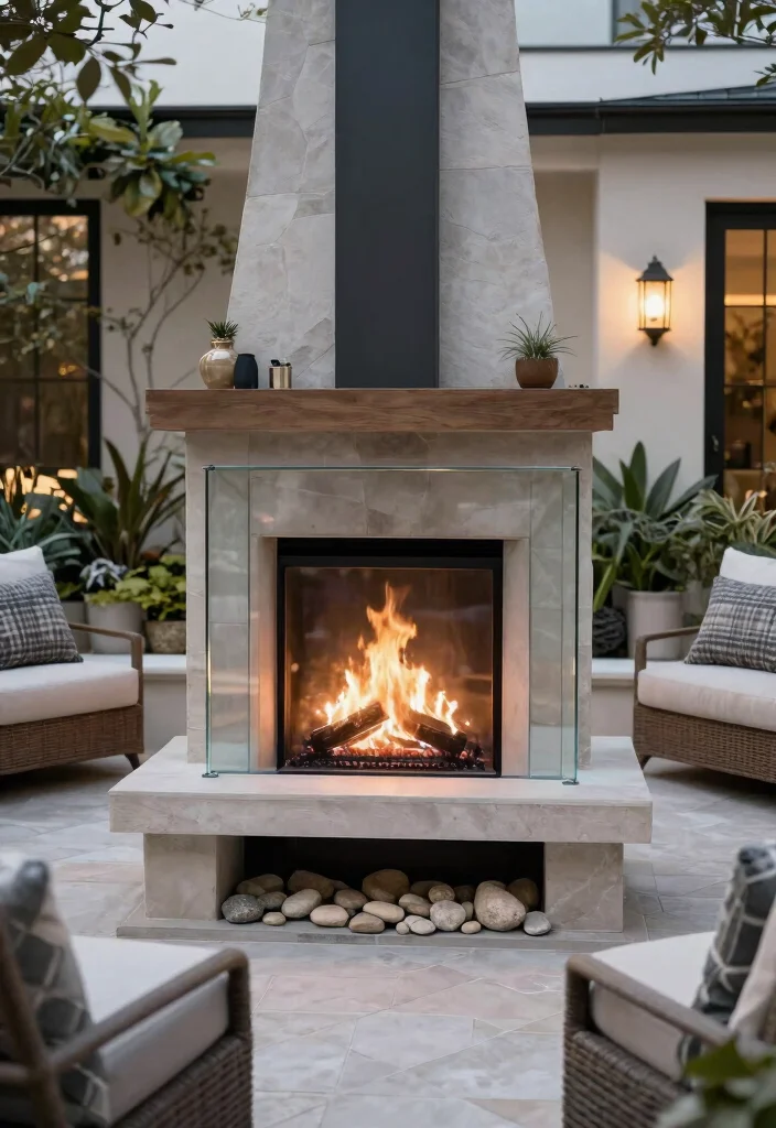 15 Cozy Covered Outdoor Fireplace Ideas for Winter 4. Elegant Gas Fireplace with Glass Surround 0