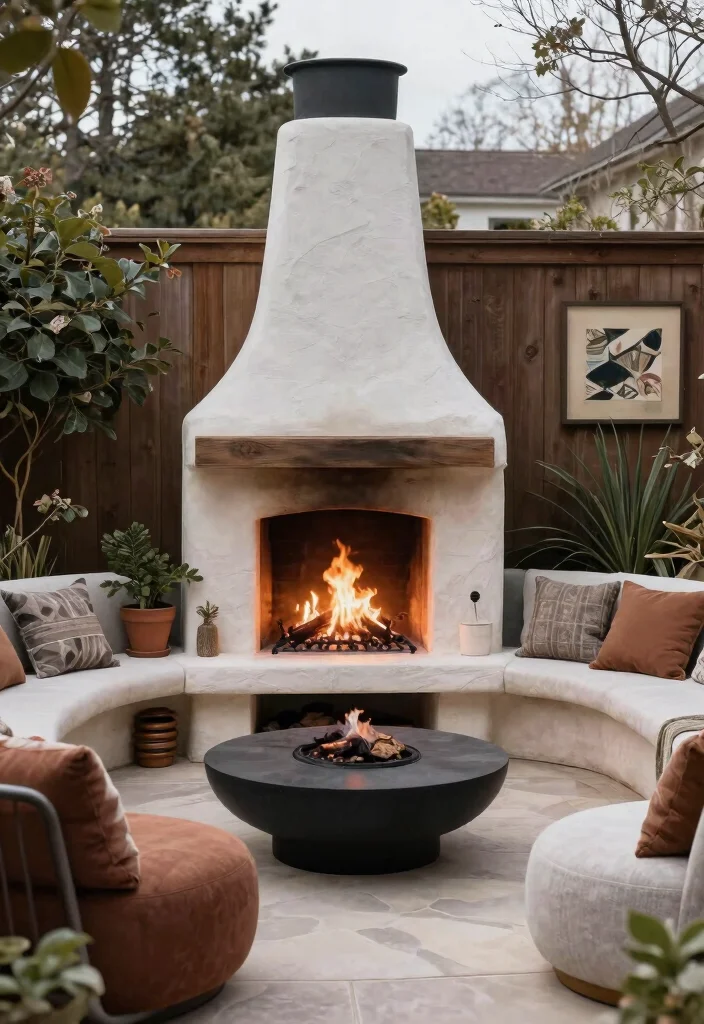 15 Cozy Covered Outdoor Fireplace Ideas for Winter 7. Artistic Outdoor Fireplace with Unique Sculptural Design 0