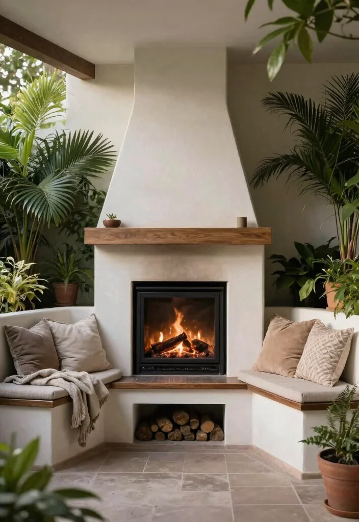 15 Cozy Covered Outdoor Fireplace Ideas for Winter 9. Chic Corner Fireplace with Cozy Nooks 0