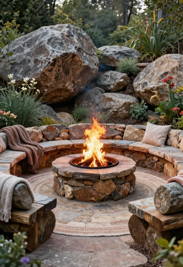 15 Lush Outdoor Fireplace Landscape Ideas for Your Eco-Friendly Sanctuary 26 15 Lush Outdoor Fireplace Landscape Ideas for Your Eco Friendly Sanctuary 6. Circular Fire Pit Surrounded by Natural Seating 0