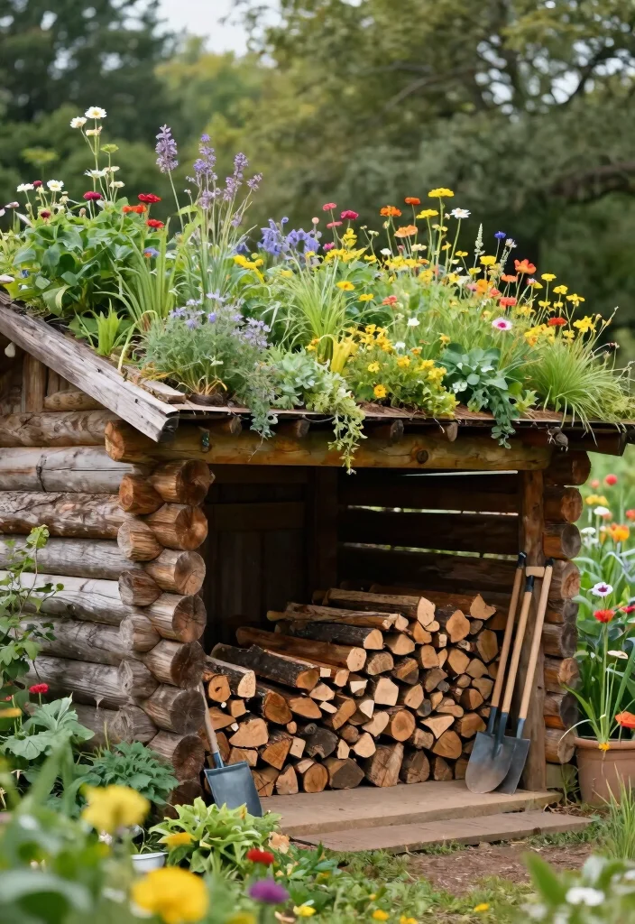 15 Rustic Log Shed Ideas Firewood Storage Solutions 8. Green Roof Log Shed 0