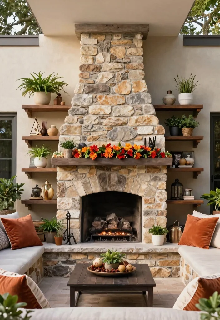 15 Rustic Outdoor Stone Fireplace Ideas Dreamy 13. Stone Shelves with Built in Fireplace 0