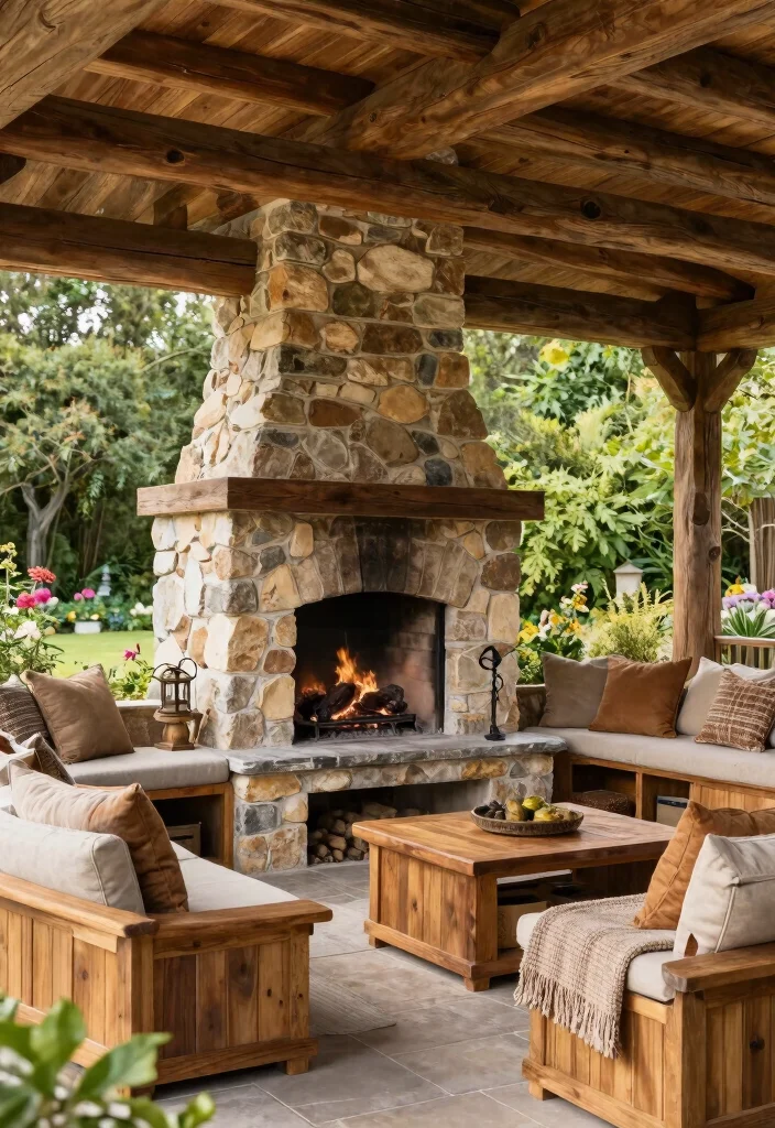 15 Rustic Outdoor Stone Fireplace Ideas Dreamy 9. Stone and Wood Fusion 0