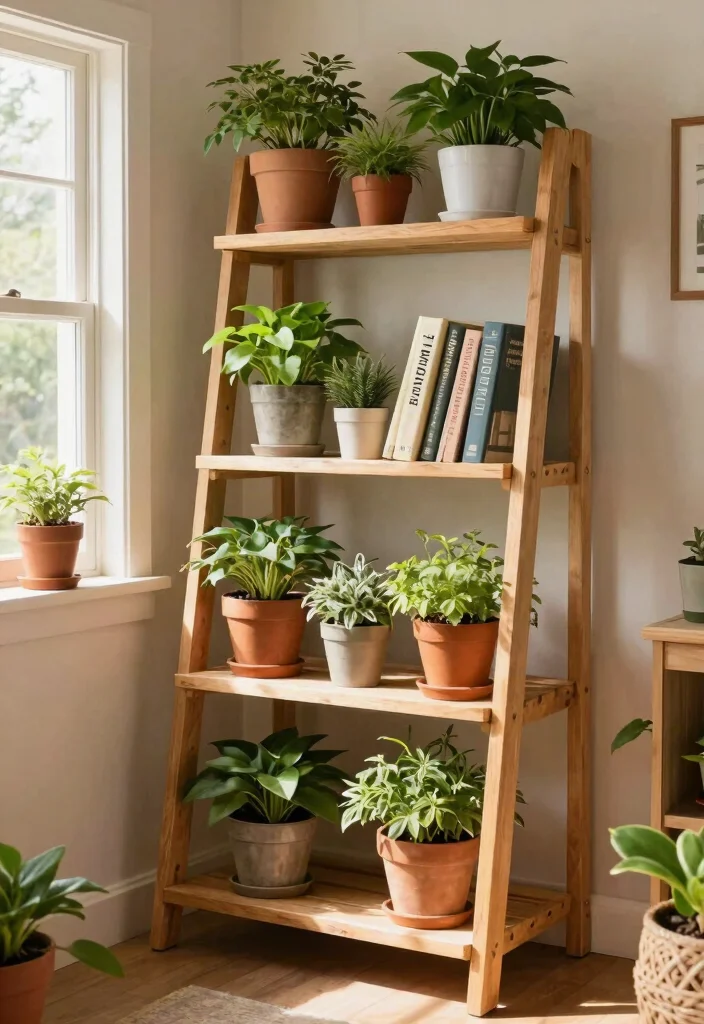 21 Best Shed Storage Ideas Organisation Hacks 15. Ladder Shelves for Plant Display 0
