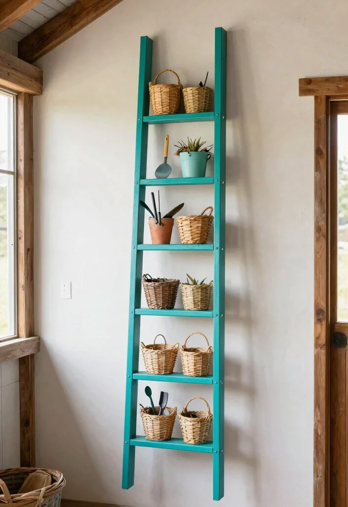 25 Genius Shed Storage Ideas to Organize Your Space 14. Wall Mounted Ladder for Tools 0